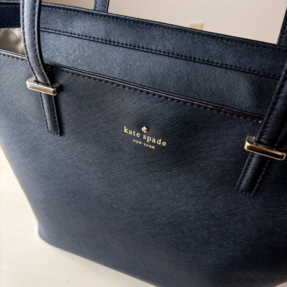 Kate Spade Black Leather Tote Bag | Large Zipper Top Purse with Gold Hardware - Picture 3 of 9